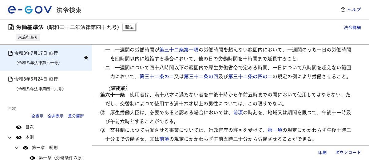 e-Gov法令検索に掲載された労働基準法第61条(深夜業)。使用者は満18才に満たない者を午後10時から午前5時までの間において使用してはならないが、交替制によって使用する満16才以上の男性についてはこの限りでないと定めている