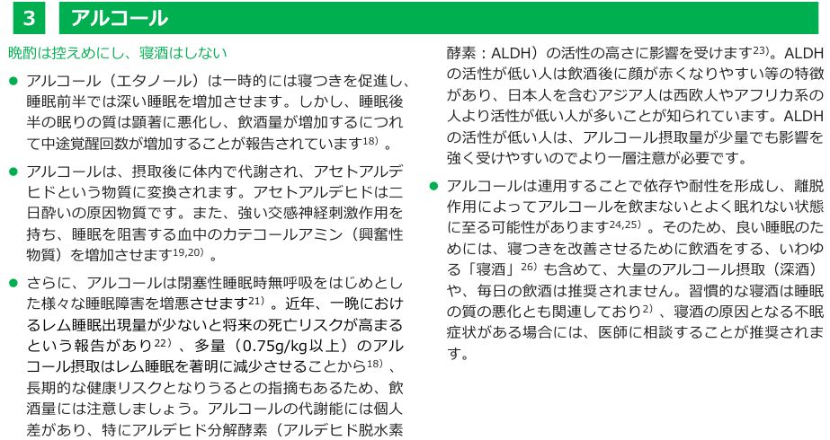 健康づくりのための睡眠ガイド2023のアルコールの項目。「晩酌は控えめにし、寝酒はしない」とあり、アルコールは一時的には寝つきを促進し睡眠前半では深い睡眠を増加させるが、睡眠後半の眠りの質は顕著に悪化し飲酒量が増えるにつれて中途覚醒回数が増加すること、寝つきを改善させるための飲酒（寝酒）や毎日の飲酒は推奨されないことが記載されている
