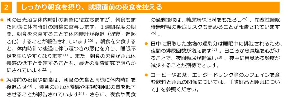 健康づくりのための睡眠ガイド2023「しっかり朝食を摂り、就寝直前の夜食を控える」。朝食の欠食で体内時計が後退すること、就寝前の夜食や間食は朝食の欠食と同様に体内時計を後退させ翌朝の睡眠休養感や主観的睡眠の質を低下させること、夜食や間食の過剰摂取は糖尿病や肥満、閉塞性睡眠時無呼吸の発症リスクを高めることが記載されている