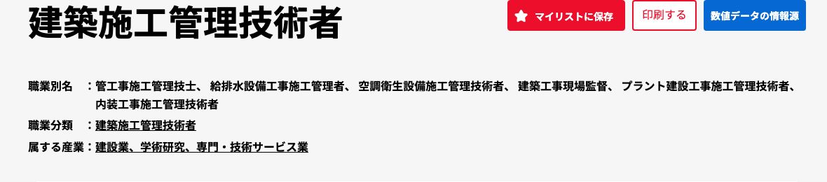 job tag「建築施工管理技術者」のページ上部。職業別名として管工事施工管理技士、給排水設備工事施工管理者、空調衛生設備施工管理技術者、建築工事現場監督、プラント建設工事施工管理技術者、内装工事施工管理技術者が挙げられている