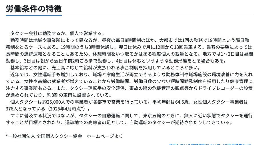 厚生労働省の職業情報提供サイト(job tag)タクシー運転手の労働条件の特徴。勤務時間は地域や事業所によって異なり、昼夜の毎日8時間制のほか、大都市では1回の勤務で19時間という隔日勤務制をとるケースもあり、19時間のうち3時間休憩し翌日は休みで月に12回から13回乗車すること、地方では3日目は朝から翌日午前2時ごろまで勤務する形態もあること、売上高に応じた歩合制度を採用しているところが多いことが記載されている