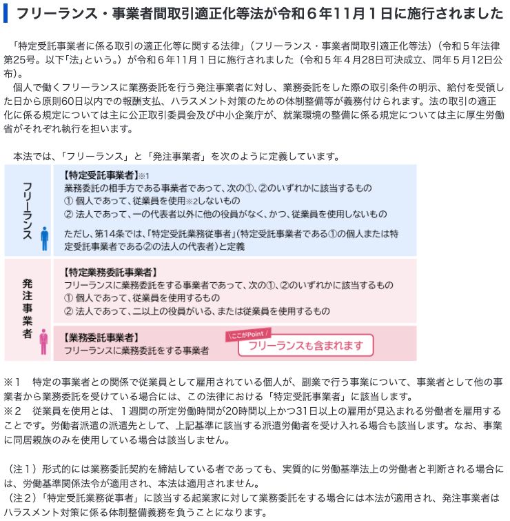 厚生労働省のフリーランス・事業者間取引適正化等法のページ。令和6年11月1日に施行され、発注事業者に取引条件の明示、原則60日以内の報酬支払、ハラスメント対策の体制整備等が義務付けられると説明している