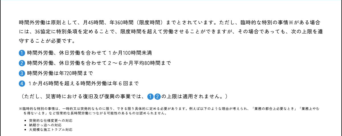 厚生労働省のポータルサイトに掲載された時間外労働の上限規制。原則は月45時間・年360時間で、特別条項がある場合でも4つの上限を守る必要があると記載されている