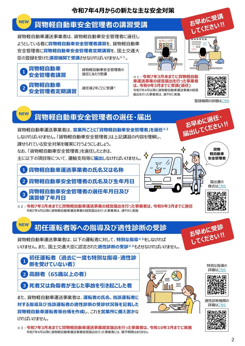 リーフレット2ページ目。安全管理者の講習受講・選任届出・初任運転者等への指導と適性診断について、経過措置の期限が赤字で示されている