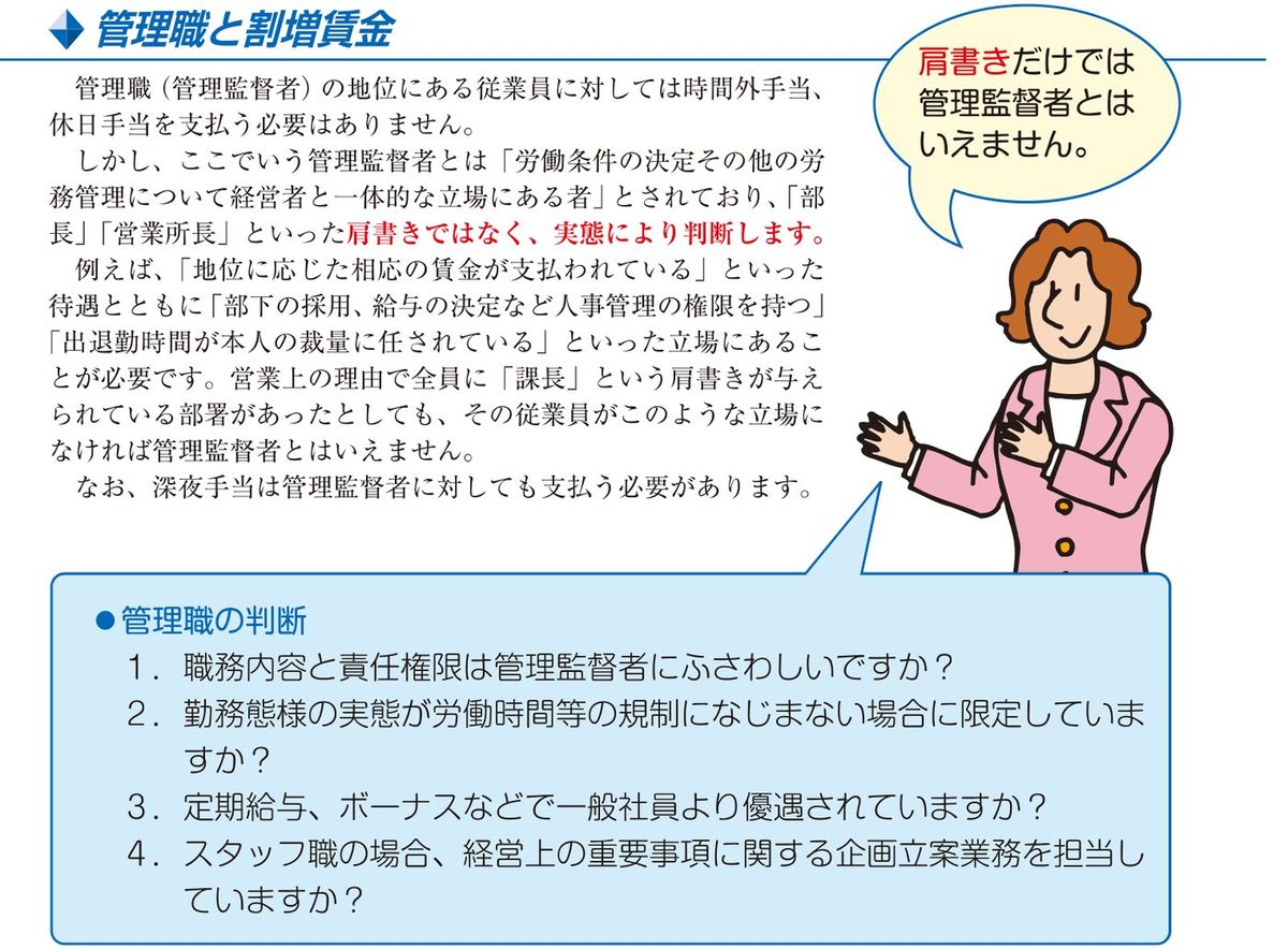 東京労働局「しっかりマスター労働基準法 割増賃金編」の管理職と割増賃金。管理監督者には時間外手当・休日手当を支払う必要はないが、管理監督者かどうかは部長・営業所長といった肩書きではなく実態により判断すること、なお深夜手当は管理監督者に対しても支払う必要があることが記載されている