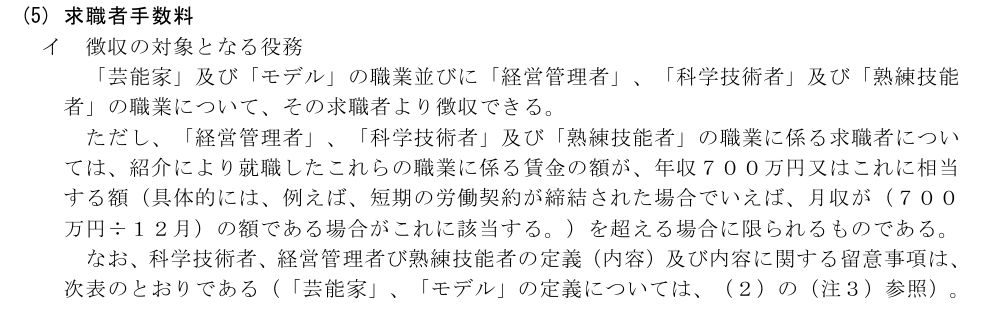 厚生労働省の職業紹介事業の業務運営要領「第6 手数料」のうち求職者手数料の部分。求職者から手数料を徴収できる職業が限定されている