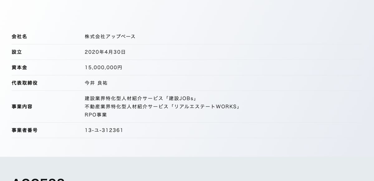 株式会社アップベースの会社概要。設立日・資本金・代表取締役・事業内容・事業者番号が一覧で記載されている